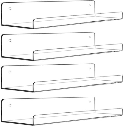 Cerpourt Acrylic Floating Wall Ledge Shelf, Wall Mounted Nursery Kids Bookshelf, Invisible Spice Rack, Clear Bathroom Storage Shelves Display,Acrylic 15" Invisible Bookshelf, Set of 4