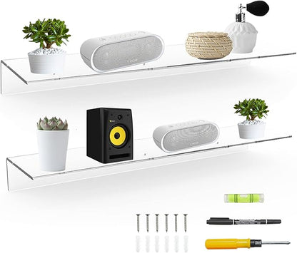 Sezanrpt 24 Inches Clear Floating Shelves for Wall, Acrylic Long Wall Shelf, Wall Mounted Shelves for Plants, Speaker, Radio, Funko Pop, Stuffed Animal, Books, Cosmetics, Toiletries, 2 Pack (24 Inch)