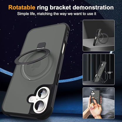 Compatible with iPhone 16 Plus Case with Invisible Magnetic O-Ring Stand Military-Grade Translucent Case for iPhone 16 Plus 6.7" [Compatible with Mag-Safe][Great Grip Feeling], Black