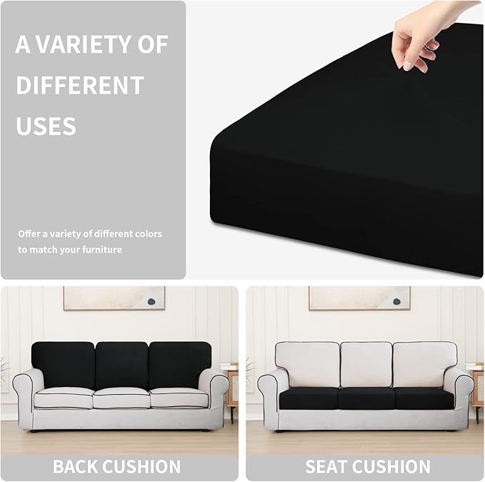 Easy-Going 100% Waterproof Chair Sofa Seat Cushion Slipcovers Couch Cushion Cover Stretch Furniture Protector for Kids, Pets (3-Piece Sofa Cushion, Black)