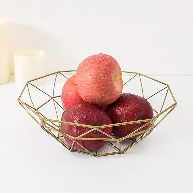 IBWell Geometric Metal Wire Fruit Bowl, Iron Arts Fruit Storage Baskets (Gold, Normal)