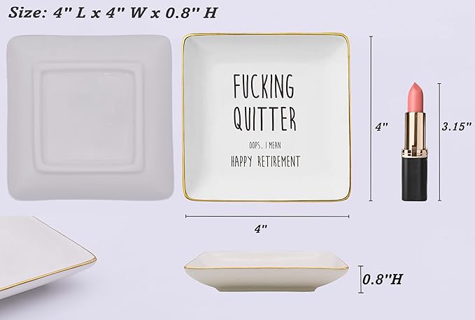NZY Fucking Quitter Oops-Happy Retirement Gifts-Funny Colleagues Retirement,Goodbye,Leaving Present for Coworkers Boss Leader Teacher-Appreciate Christmas Gift-Jewelry Tray Trinket Holder Ring Dish