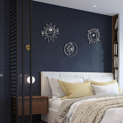Silver Metal Wall Art, Abstract Sun Moon Star Decor, Modern Line Art Christmas Decorations, Mystical Star Circle Planet Handmade Wall Christmas Decor for Living Room Kitchen Office 9 inch