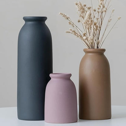 Ceramic Vase Set-3, Small Flower Vases for Decor, Modern Boho Farmhouse Style, Decorative Vases for Pampas Grass & Dried Flowers, Distressed Finish (Light Coffee)