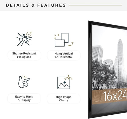 MCS Trendsetter 16x24 Poster Frame Black High-Gloss, Vertical & Horizontal Wall Hanging Large Picture Frame for Photos, Posters & Art Prints (2-Pack)