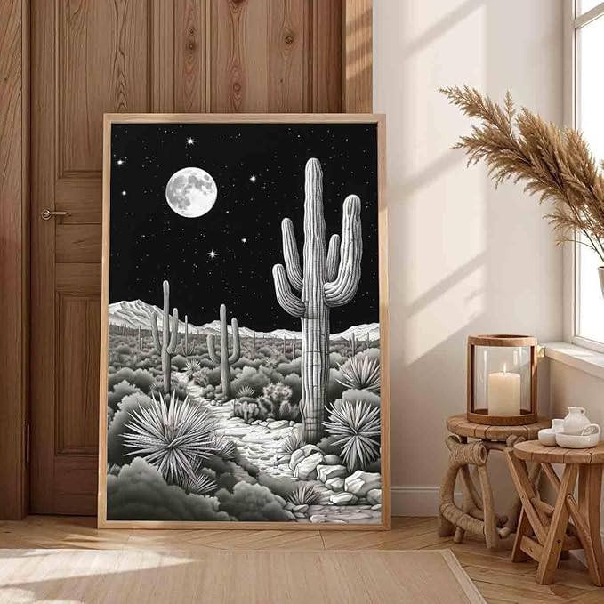 Black And White Cactus Wall Art Black Western Canvas Desert Landscape Wall Art Southwest Theme Pictures Vintage Cactus Print Vintage Night Landscape Print Mid Century Boho Picture 16x24inch No Frame