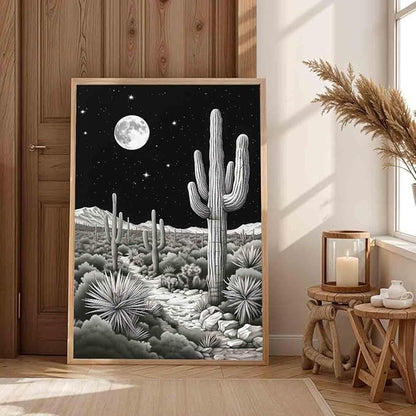 Black And White Cactus Wall Art Black Western Canvas Desert Landscape Wall Art Southwest Theme Pictures Vintage Cactus Print Vintage Night Landscape Print Mid Century Boho Picture 16x24inch No Frame