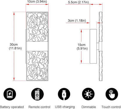 Modern Brushed Nickel Battery Operated Wall Sconces Set of 2, Rechargeable LED Wall Lights with Acrylic Shade, Wireless Bedroom/Living Room Art Light Fixtures