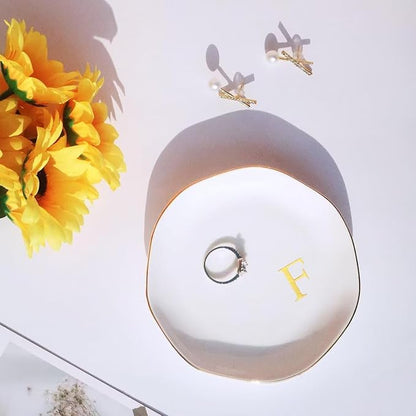 Ceramic Jewelry Tray Initial Ring Dish Personalized A-Monogrammed Engagement Wedding Gifts, for Birthday Mother's Day Christmas for Women, Ceramic White 4.75" (F)