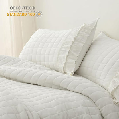 HORIMOTE HOME Ivory Ruffled Quilt Set Queen Size, Classic Geometric Square Stitched Pattern, Pre-Washed Farmhouse Shabby Chic Microfiber Lightweight Bedding Set Bedspread Coverlet for All Season