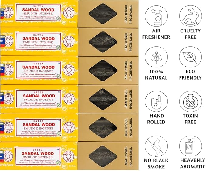 Satya Smudge Incense Stick – Hand-Rolled Indian Masala Incense for Meditation, Yoga & Spiritual Cleansing Pack of 6 (Smudge Sandalwood)