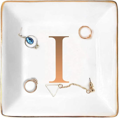 ANOTION Jewelry Tray Ring Dish with Ini-tial Gift- Personalized Trinket Dish and Jewelry Dish with Gold Initials Key Bowl Ceramic Holder, Unique Wedding or Engagement Present