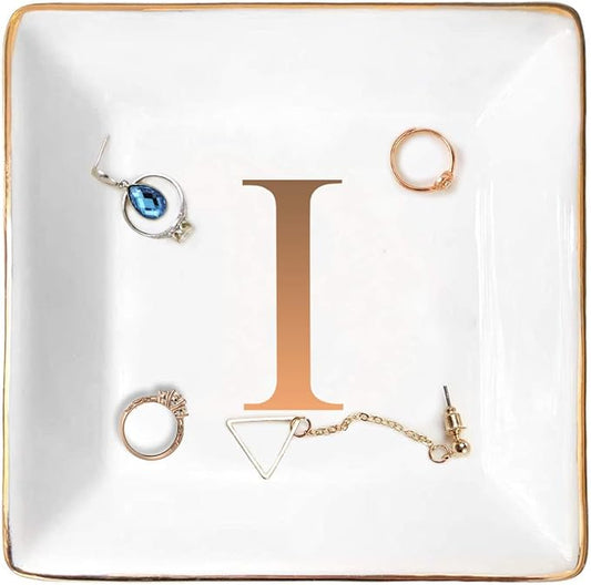 ANOTION Jewelry Tray Ring Dish with Ini-tial Gift- Personalized Trinket Dish and Jewelry Dish with Gold Initials Key Bowl Ceramic Holder, Unique Wedding or Engagement Present