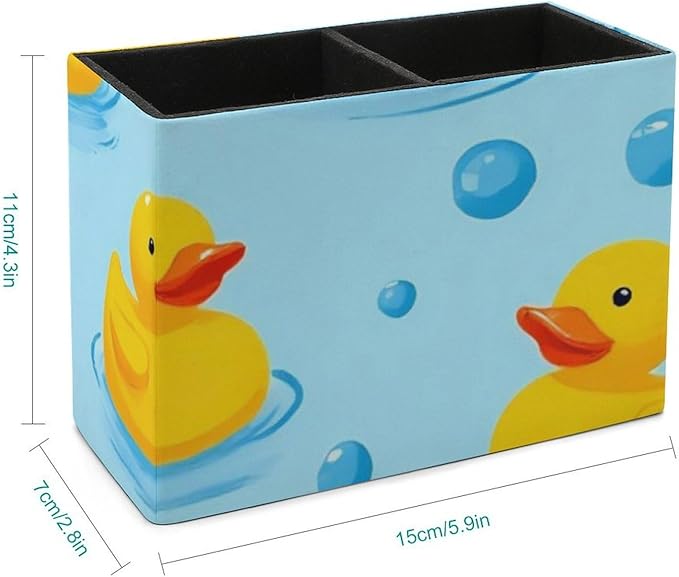 Leather Desk Pen Container Large Table Pencil Holder Makeup Brush Storage Yellow Rubber Ducks Bubbles