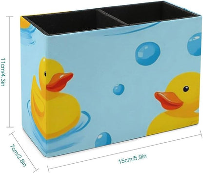 Leather Desk Pen Container Large Table Pencil Holder Makeup Brush Storage Yellow Rubber Ducks Bubbles