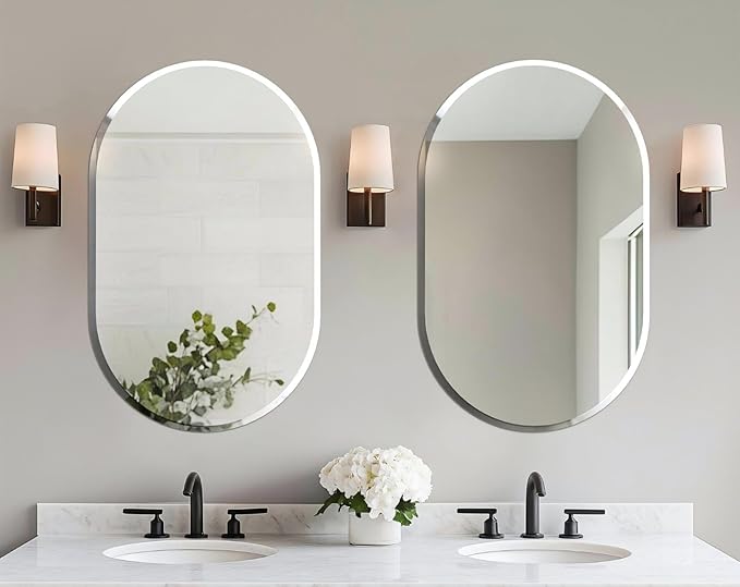 Frameless Oblong Wall Mirror: Decorative Oval Mirrored Glass Vanity with Beveled Silver Edge for Bathroom Bedroom Livingroom Dining Room Entryway Hallway, 32 x 20 inch