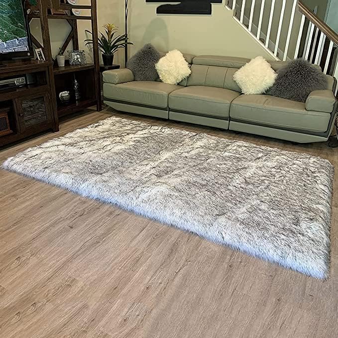 LAMBZY High Pile Super Soft Faux Sheepskin Rug (White/Black, 2'x3')