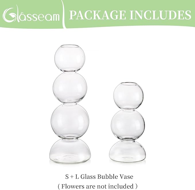 Glasseam Unique Flower Vase Set of 2, Cute Small Glass Vases for Flowers, Modern Clear Vases for Decor, Aesthetic Single Bud Vase, Round Decorative Bubble Ball Vase for Dining Table Decorations