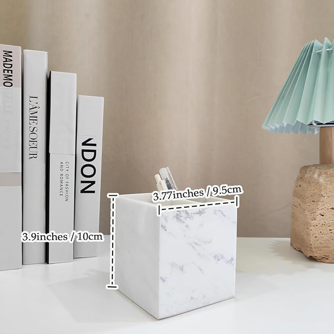 Marble Pen Holder, White Stone, Rectangular Desktop Organizer for Office Study (white 2 layer)