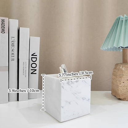Marble Pen Holder, White Stone, Rectangular Desktop Organizer for Office Study (white 2 layer)