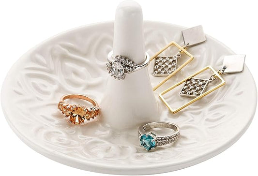 MyGift Decorative White Ceramic Ring Tray for Jewelry, Ring Cone and Trinket Tray with Raised Heart Design