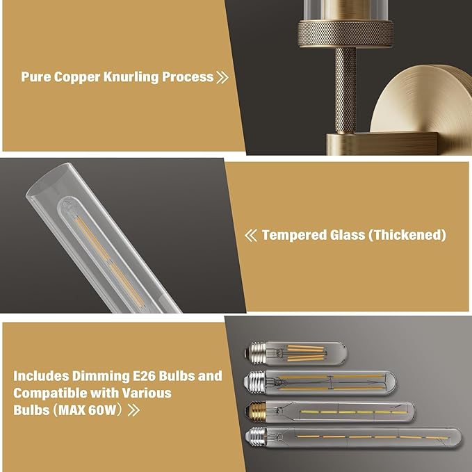 Brass Wall Sconces Set of Two 19.48'' Knurled Texture Wall Light Fixtures, Bathroom Vanity Light Fixtures with Clear Glass, Modern Wall Lamp for Bathroom Living Room Hallway (Bulb Included)