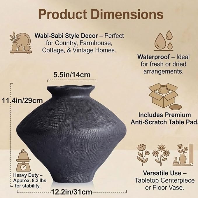 Wabi Sabi Rusty Vintage Vase, 11.4" Tall Wabi Sabi Decor Rustic Farmhouse Pottery Vase for Centerpiece, Textured Pottery Flower Vases for Home Decorative, Table, Living Room (Black, Large)