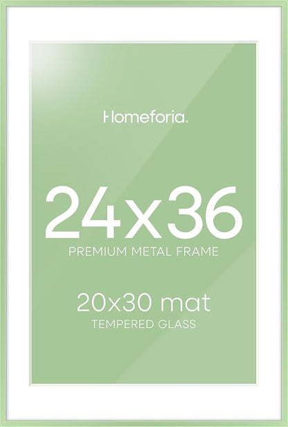 Homeforia 24x36 Sage Green Picture Frame, High End Metal 24x36 Large Poster Frames with Mat 20x30 inch Photo, 24 x 36 Thin Frame Matted to 20 x 30 Art, 36x24 Frames, Tempered Glass, Wall Kit, Set of 1