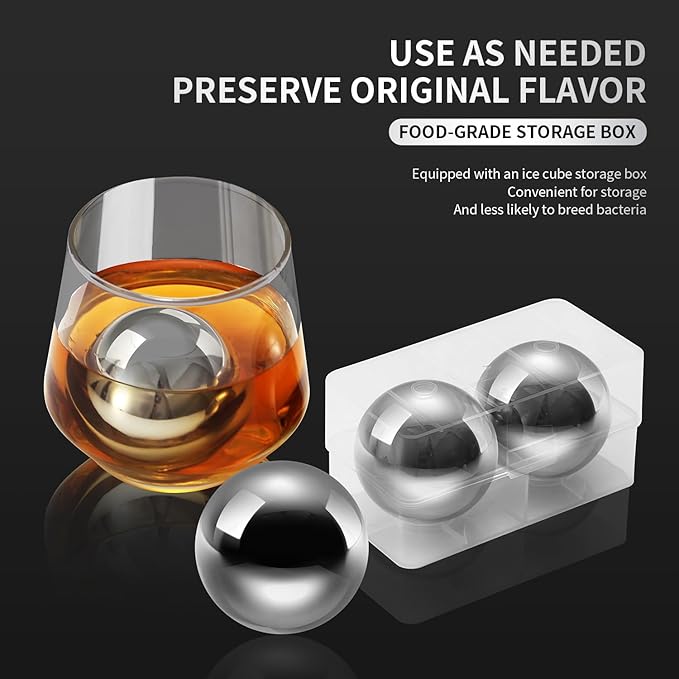 Stainless Steel Whiskey Ice Balls, Whiskey Stones, Set of 2 Reusable Metal Ice Cubes for Chilling Whiskey & Beverages - Gift Set for Men