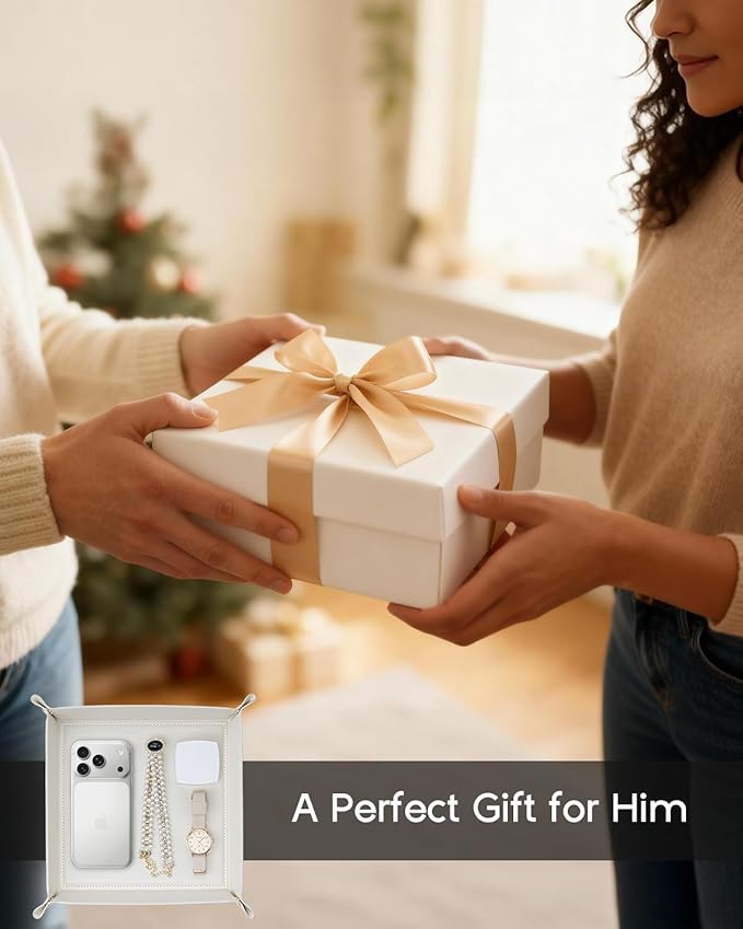 Vlando Valet Tray for Men Women, Nightstand Organizer Vanity Catchall Holder for Dresser Desk Storage Bedside, Travel PU Leather Jewelry Key Bowl Coin Watches and Candy Entryway Tray - Large, Beige