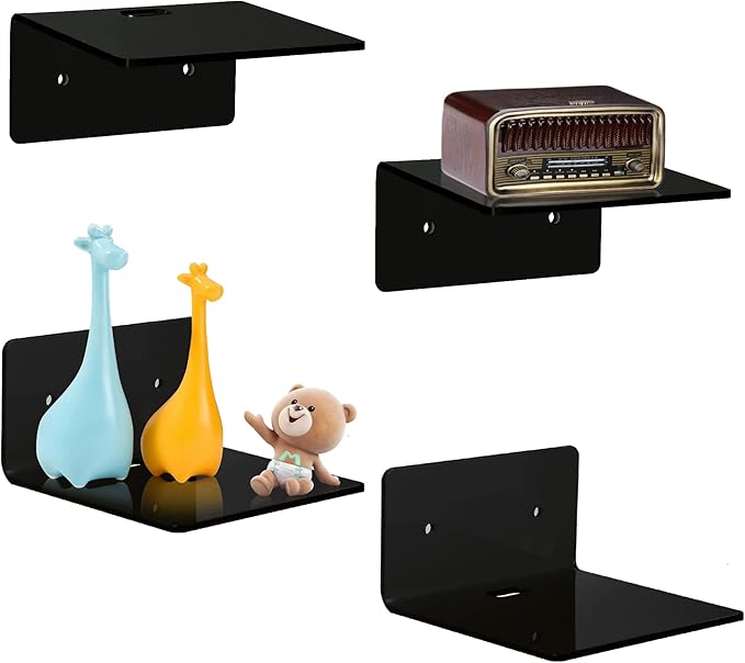4 Pack Small Acrylic Floating Shelves, 4'' Acrylic Wall Shelves Display Ledges for Storage & Decoration, Mini Shelves for Wall with 2 Types of Installation (Adhesive or Screw)