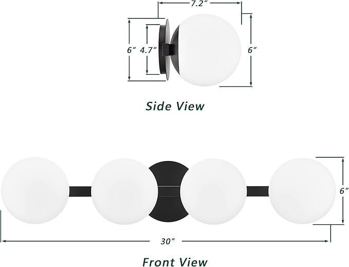 Black Bathroom Vanity Light Fixtures, Modern 4 Lights Matte Black Globe Wall Sconce Lighting, Porch Wall Mount Light Fixture for Bathroom, Mirror Cabinets Hallway Stairs