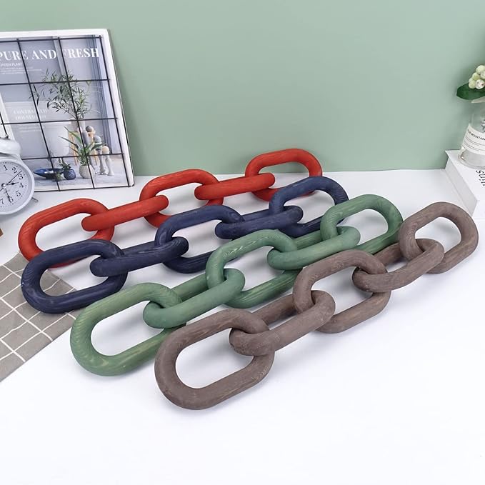 Decorative Wood Chain Link Modern Boho Home Farmhouse Decor, 5 Link Chain Decor Hand-Carved Wooden Aesthetic Crafts, Sustainable Pine Wood for Shelf, Living Room, Rustic Country