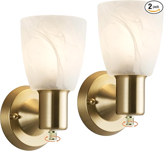 Wall Sconces Set of 2, Gold Vanity Lights for Bathroom, Modern Wall Light Fixtures with Rotary Switch, Wall Mount Light with Frosted Glass, Farmhouse Lamp for Bedroom Living Room
