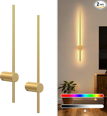 NIORSUN 24 Inch Battery Operated Wall Sconce Set of 2,Gold Minimalist Rechargeable LED Wall Lights with Remote, 10 Colors Dimmable Wireless Wall Lamp for Living Room Bedroom Hallway