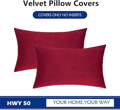 HWY 50 Burgundy Red Velvet Rectangular Throw Pillow Covers 12x20 Inch, Pack of 2 Soft Cozy Solid Decorative Luxury Cushion Cases for Couch Sofa Bed Living Room Bedroom