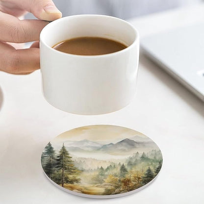 Forest Drink Coasters, Round Ceramic Drink Coaster Round-4PCS, Watercolor Mountain Forest Nature Tree Woodland Decor Absorbent Ceramic Coasters for Beverage Cup, Bar, Coffee Table