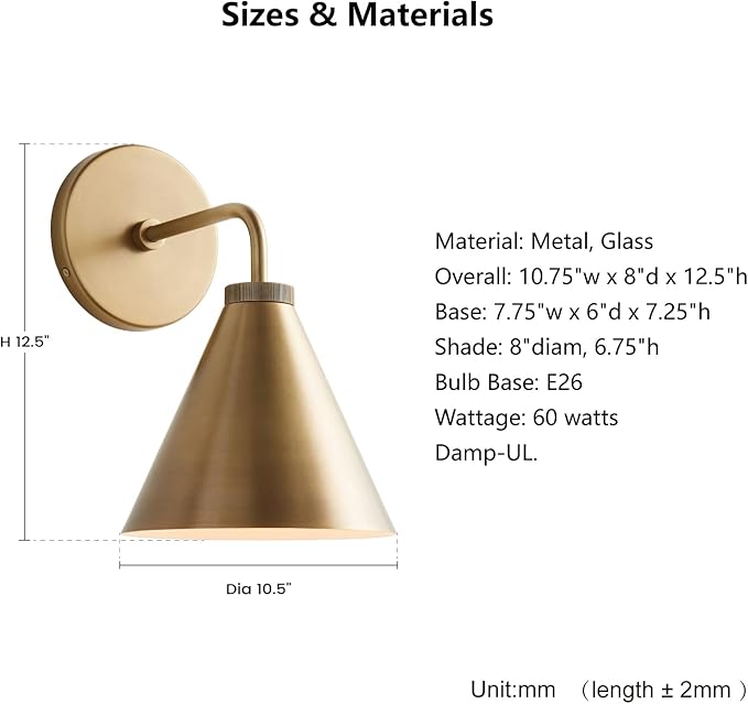 Retro Industrial Metal Cone Sconce Light - Vintage Inspired Modern Brass Wall Sconce with Metal Shade, Wall Mount Lighting for Bedroom, Hallway, Living Room (10.5“W x 10.5" L x 12.5" H Brass)