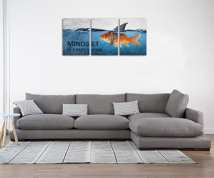 3 Panels Modern Framed Inspirational Canvas Wall Art Goldfish Body Strong Shark Heart Mindset is Everything Motivational Wooden Decor Posters (72''W x 36''H)