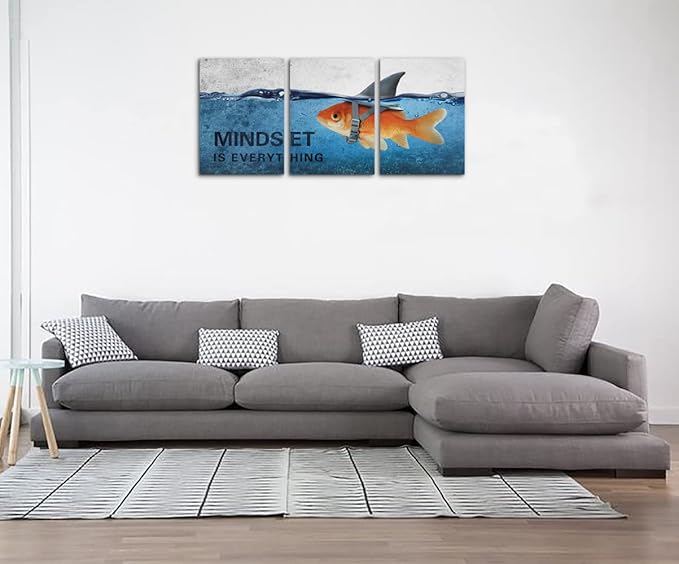 3 Panels Modern Framed Inspirational Canvas Wall Art Goldfish Body Strong Shark Heart Mindset is Everything Motivational Wooden Decor Posters for Office Gym Classroom Home Decoration(60''W x 28''H)