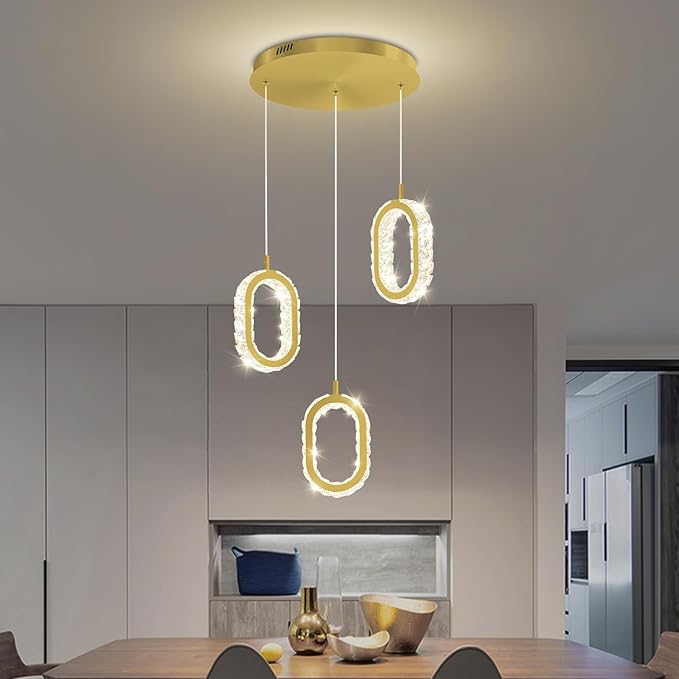 Dimmable Oval Ring Pendant Light Modern LED Crystal Ring Chandelier for Dining Room Bedroom Living Room Pendant Lights for Kitchen Island Adjustable 3-Light Gold
