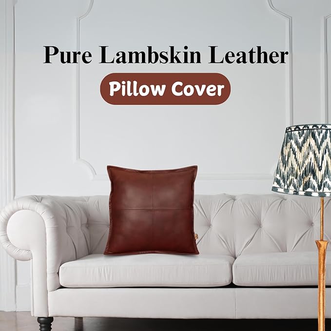 Genuine Lambskin Leather Pillow Cover, 20x20 Inch Case for Lumbar Throw Couch Pillows, Thick & Soft Cushion Covers for Sofa Bed Home Décor (Antique Dark Brown Box Pack of 2)