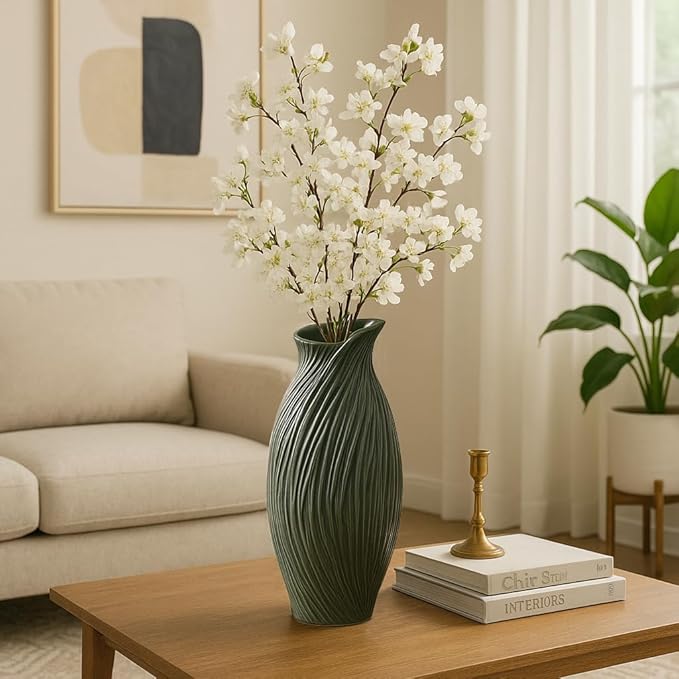 Ceramic Vase for Office Decor Display – Stylish Flower Vase for Home, Bedroom, Living Room, House, and Table Decor – Elegant Accent for Any Room or Centerpiece Statement – 16”, Green