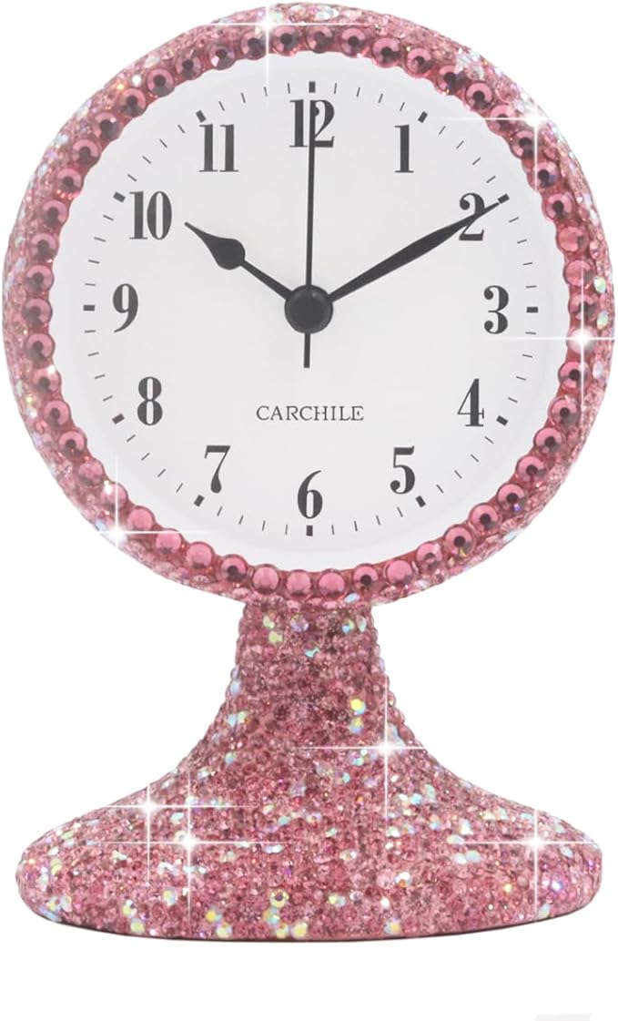 Luxury Rhinestone Small Alarm Desk Table Clock Morning Call Handmade Fashion Design for Bedroom Houseroom Living Room Cute As Gift AR (Pink)