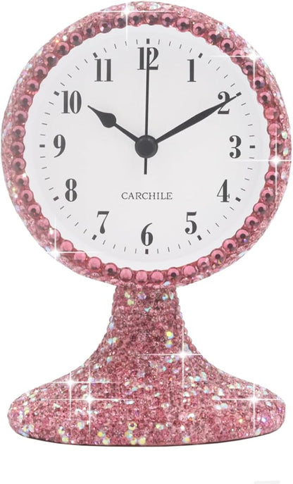 Luxury Rhinestone Small Alarm Desk Table Clock Morning Call Handmade Fashion Design for Bedroom Houseroom Living Room Cute As Gift AR (Pink)