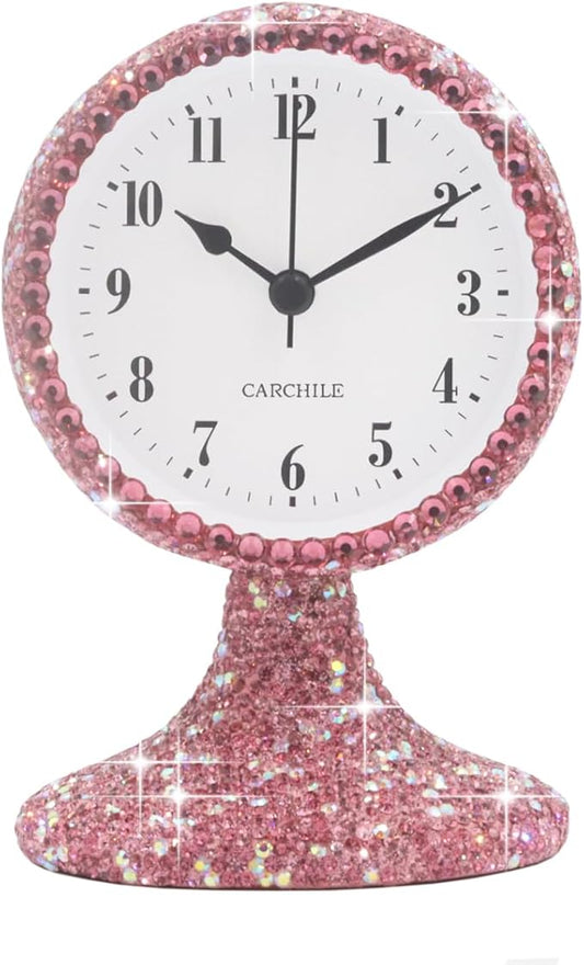 Luxury Rhinestone Small Alarm Desk Table Clock Morning Call Handmade Fashion Design for Bedroom Houseroom Living Room Cute As Gift AR (Pink)
