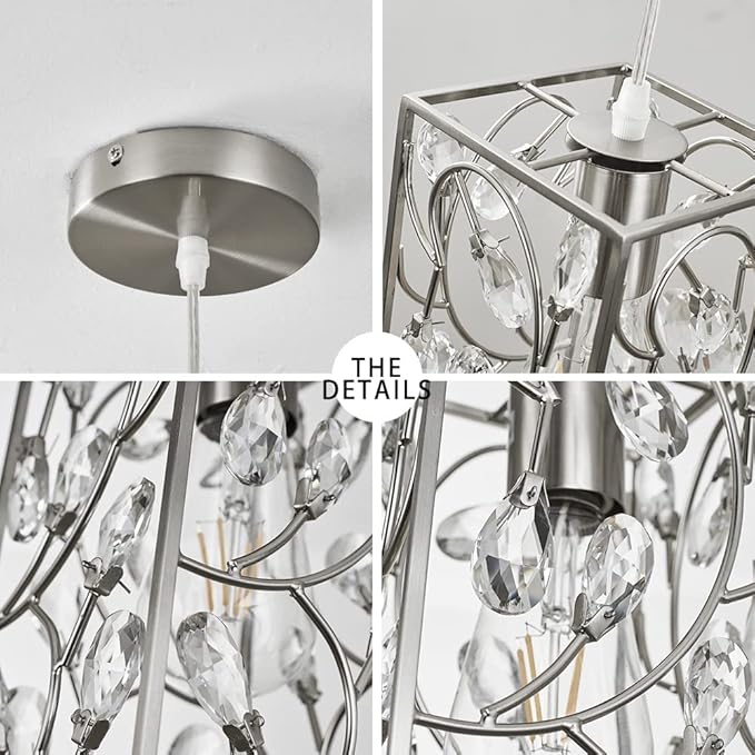 Modern Mini Crystal Pendant Light with Metal Cage 1-Light Rectangular Pendant Lighting Fixture for Kitchen Island Sink Countertop Dining Room Farmhouse, Brushed Nickel Finish
