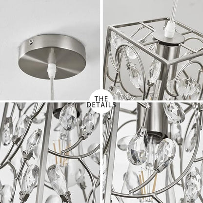 Modern Mini Crystal Pendant Light with Metal Cage 1-Light Rectangular Pendant Lighting Fixture for Kitchen Island Sink Countertop Dining Room Farmhouse, Brushed Nickel Finish