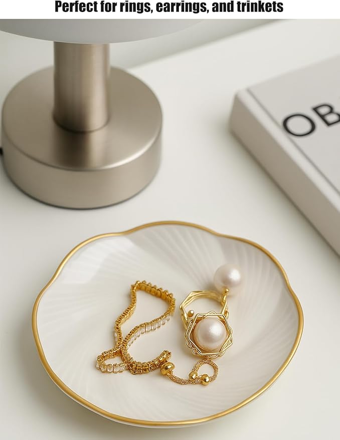 Ceramic Jewelry Tray with Gold Edge, 5 Inch Modern Trinket Dish for Rings, Bracelets & Earrings, Elegant Dresser Organizer (White)