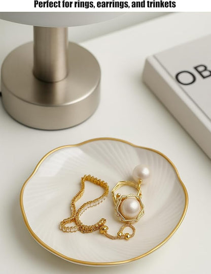 Ceramic Jewelry Tray with Gold Edge, 5 Inch Modern Trinket Dish for Rings, Bracelets & Earrings, Elegant Dresser Organizer (White)